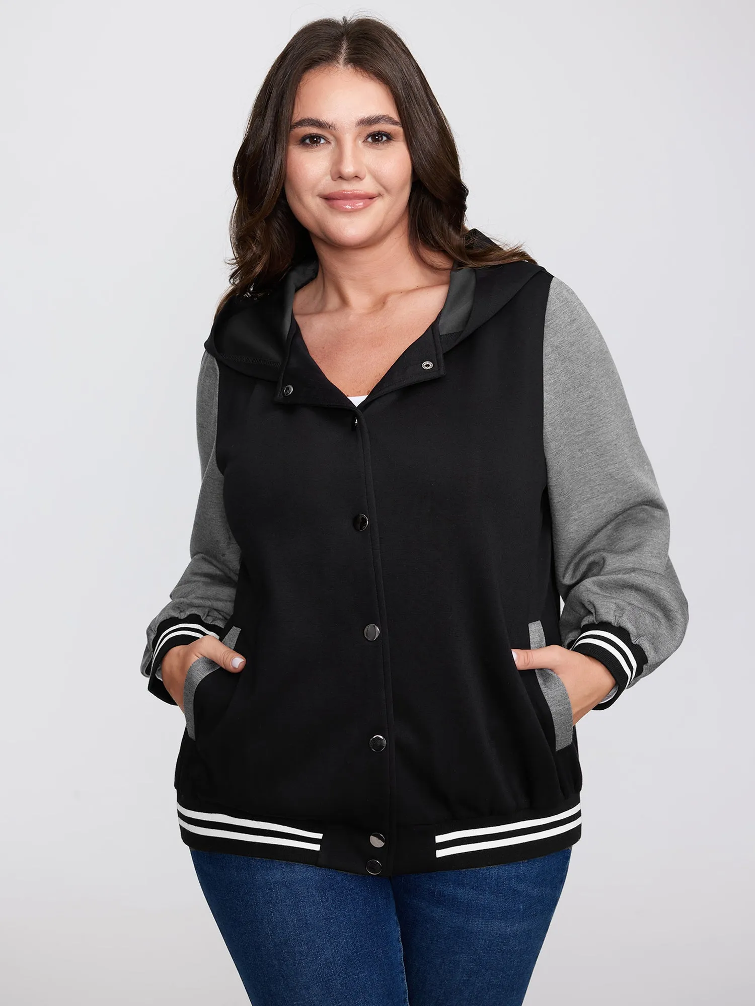 Colorblock Pockets Button Hooded Jacket sold by Bloomchic