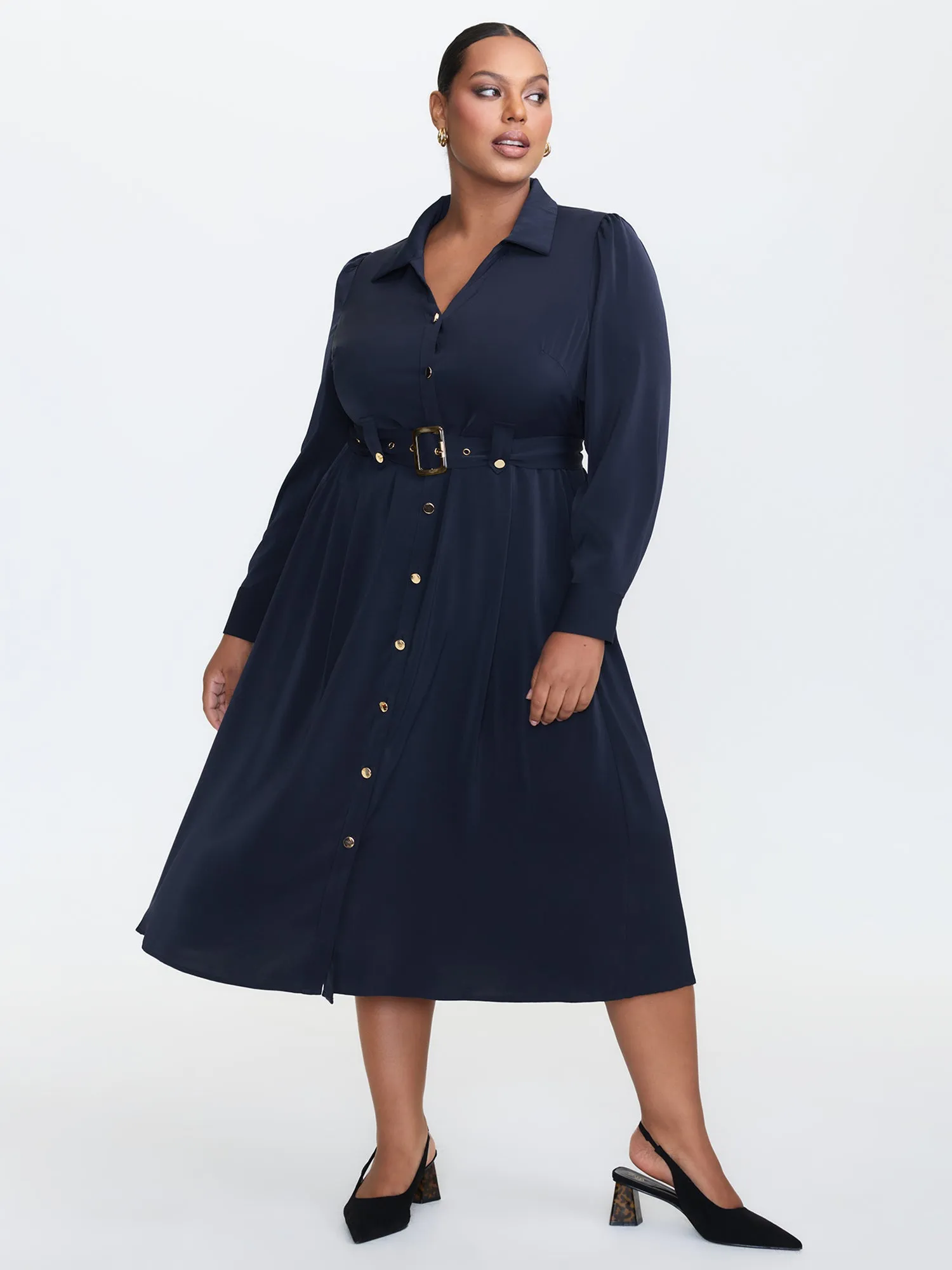 Belted Waist Solid Midi Shirt Dress sold by Bloomchic