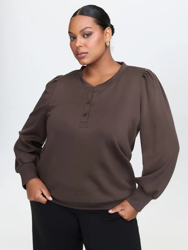Supersoft Half Placket Puffy Sleeve Sweatshirt sold by Bloomchic