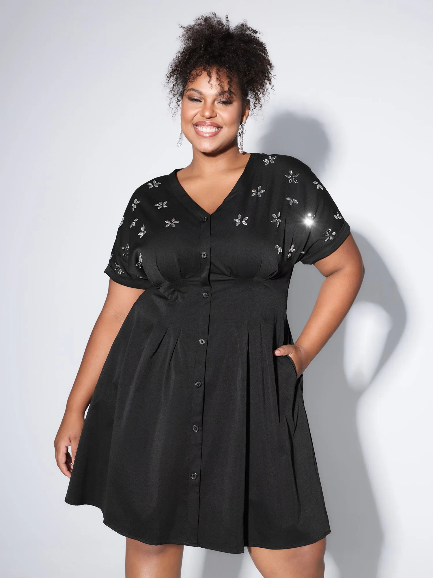 Rhinestone Cinched-Waist Button Mini Dress sold by Bloomchic