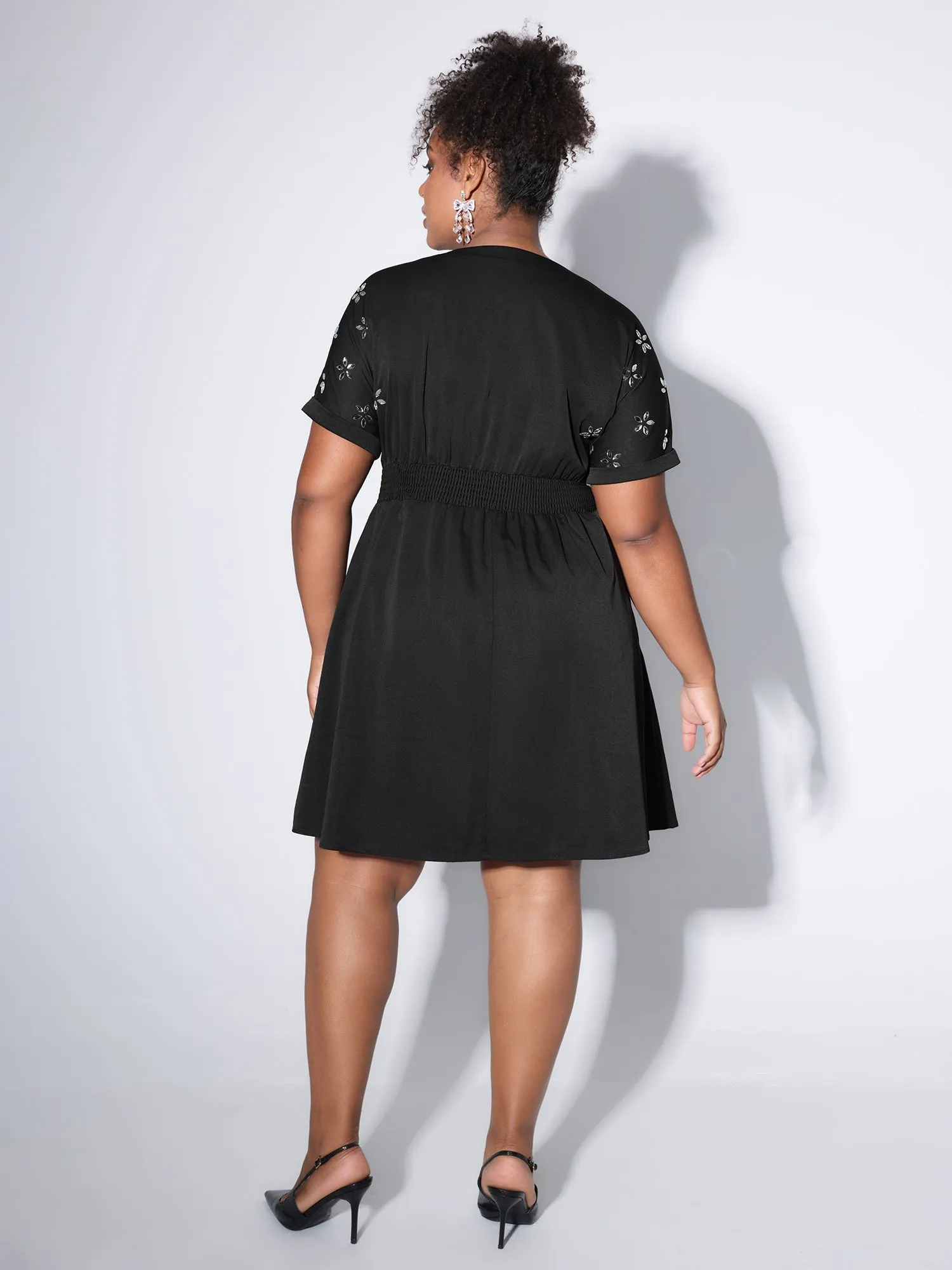 Rhinestone Cinched-Waist Button Mini Dress sold by Bloomchic product image thumbnail 4