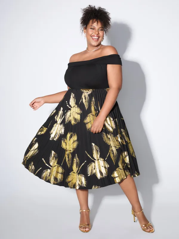 Leaf Print Pleated Off-Shoulder Midi Dress sold by Bloomchic