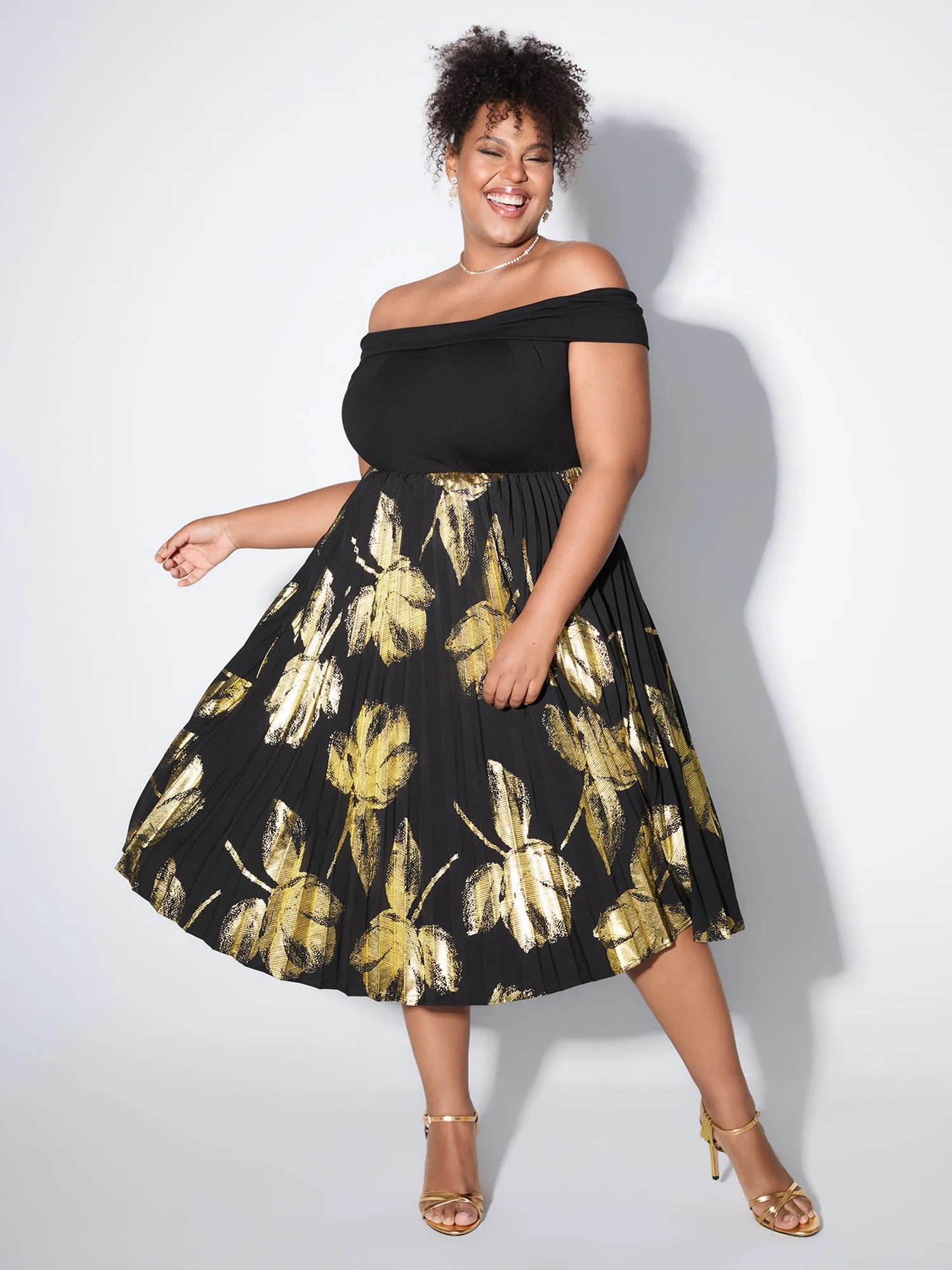 Leaf Print Pleated Off-Shoulder Midi Dress sold by Bloomchic
