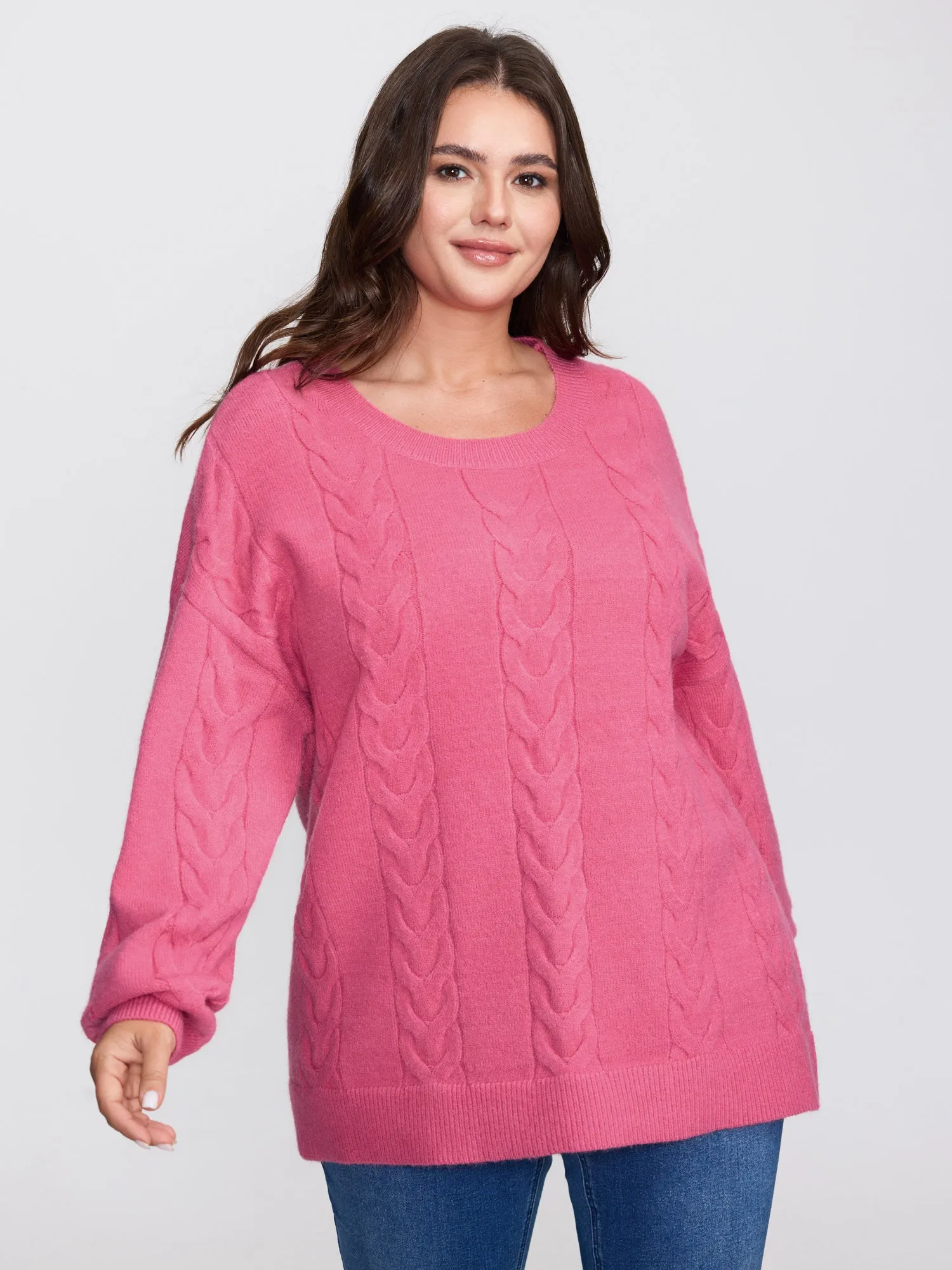 Stretch Cableknit Textured Round Neck Pullover sold by Bloomchic