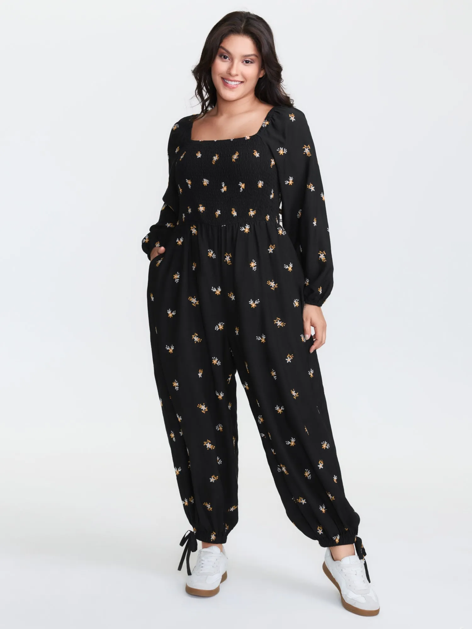 Floral Shirred Tie Square Neck Jumpsuit sold by Bloomchic