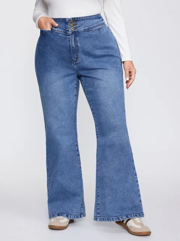 Wide Waistband Buttons Bootcut Jeans sold by Bloomchic