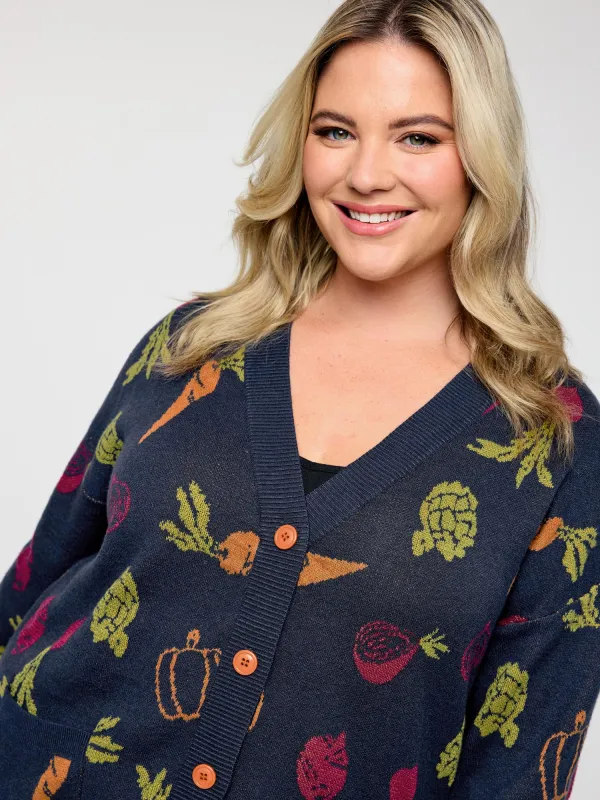 Vegetable Print Buttons Colorful Knit Cardigan sold by Bloomchic
