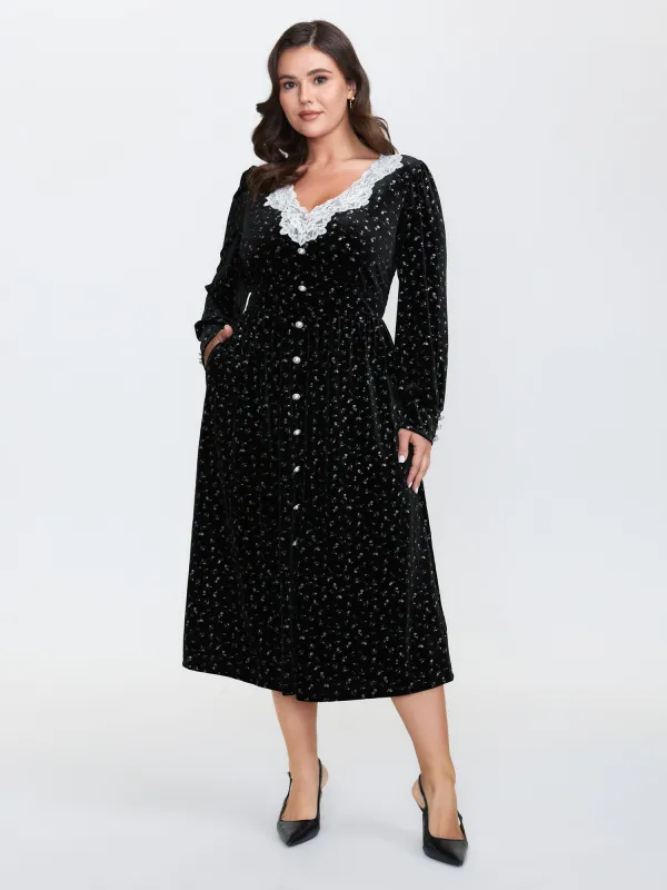 Velvet Print Lace Neckline Midi Dress sold by Bloomchic