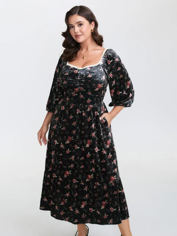 Velvet Floral Lace Ruched Midi Dress sold by Bloomchic