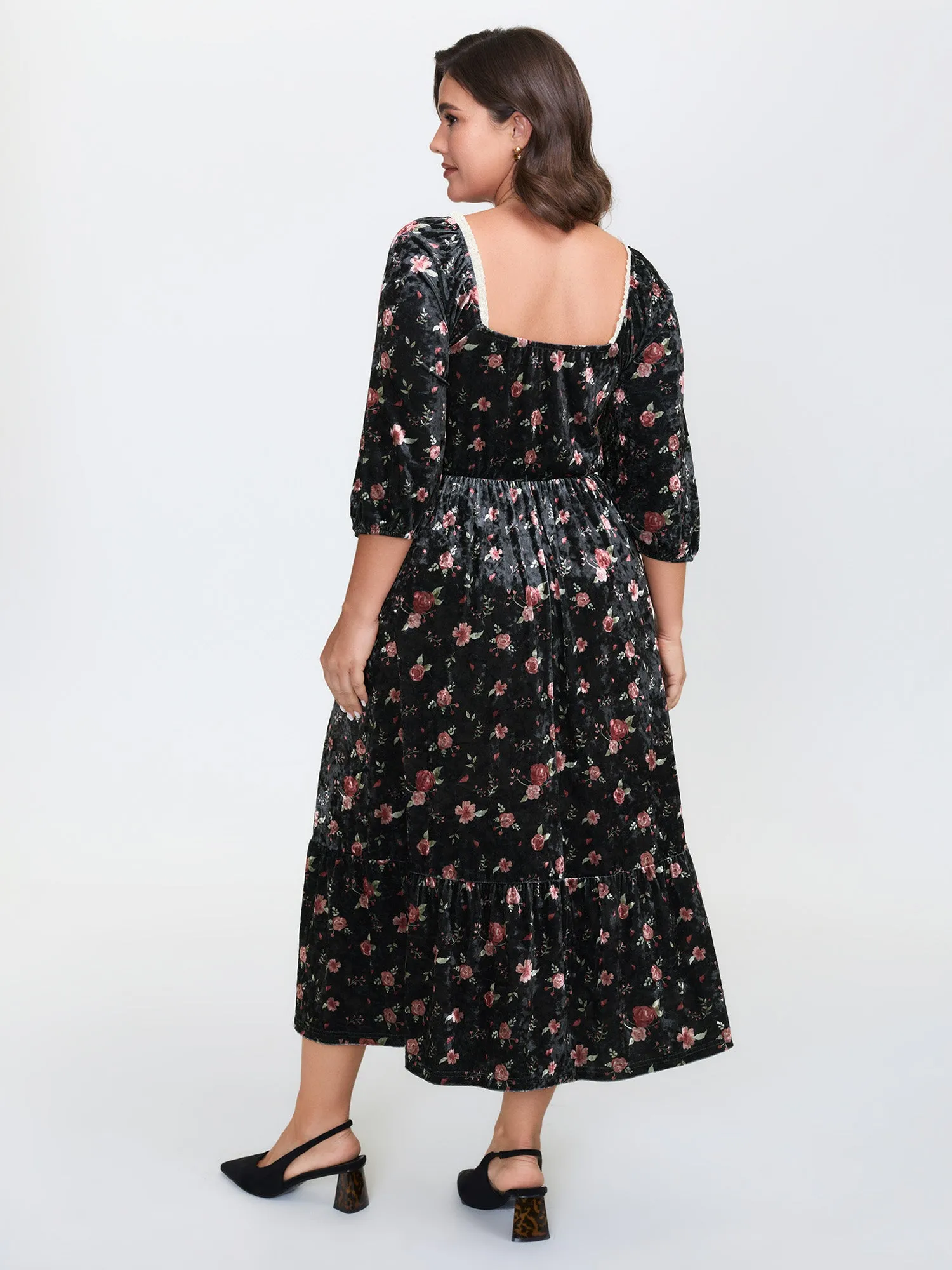 Velvet Floral Lace Ruched Midi Dress sold by Bloomchic product image thumbnail 4