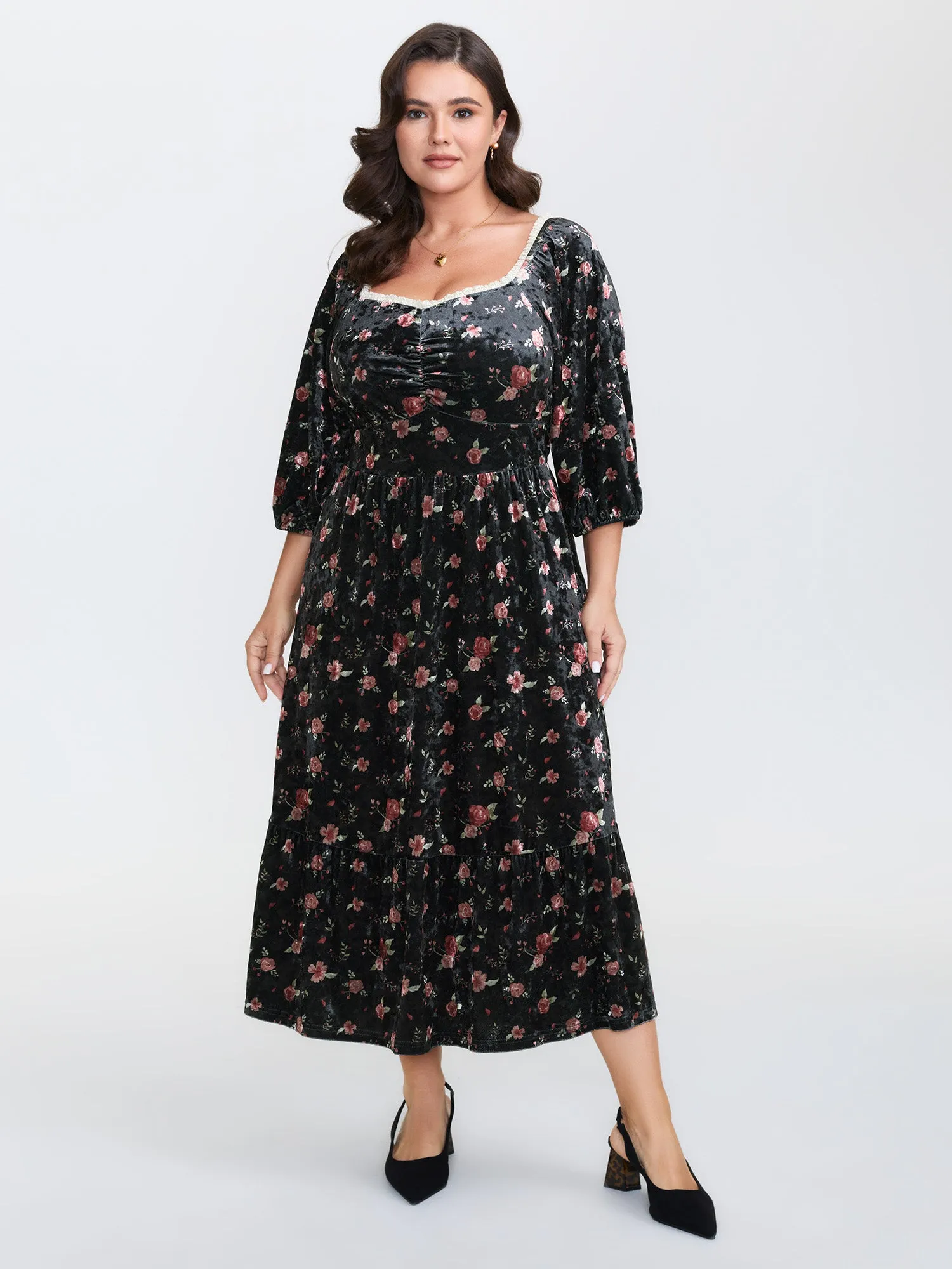 Velvet Floral Lace Ruched Midi Dress sold by Bloomchic product image thumbnail 3