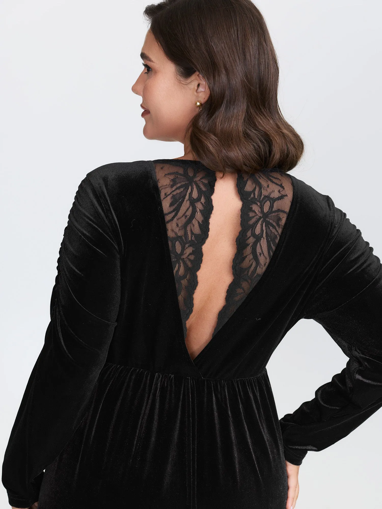 Sheer Lace Gathered Backless Midi Dress sold by Bloomchic