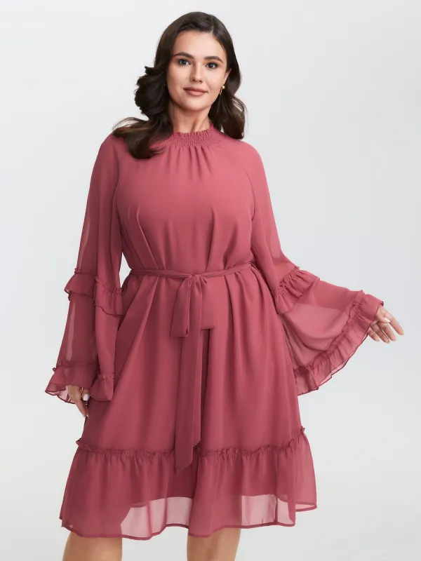 Sheer Ruffled Gathered Neck Belted Midi Dress sold by Bloomchic