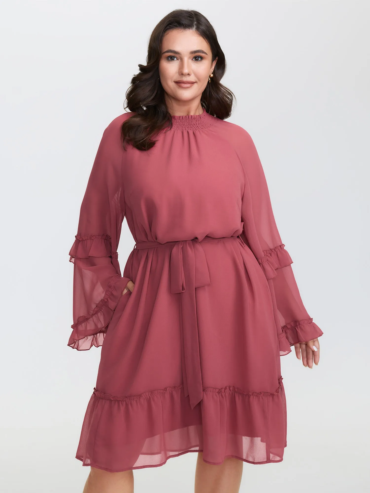 Sheer Ruffled Gathered Neck Belted Midi Dress sold by Bloomchic product image thumbnail 3