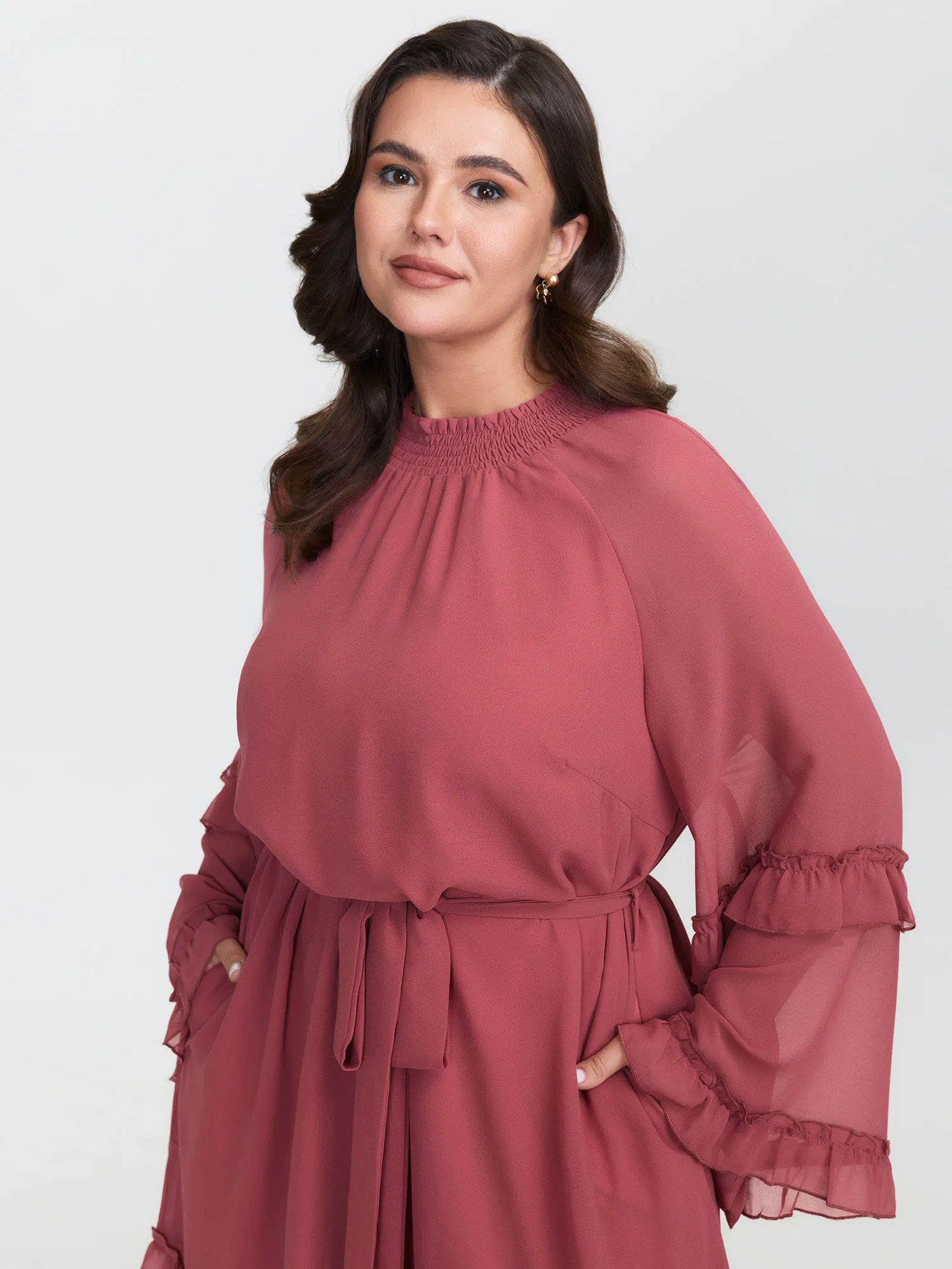 Sheer Ruffled Gathered Neck Belted Midi Dress sold by Bloomchic product image thumbnail 2