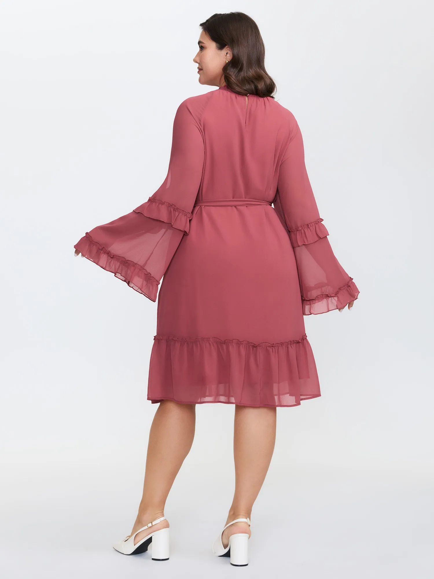 Sheer Ruffled Gathered Neck Belted Midi Dress sold by Bloomchic product image thumbnail 5