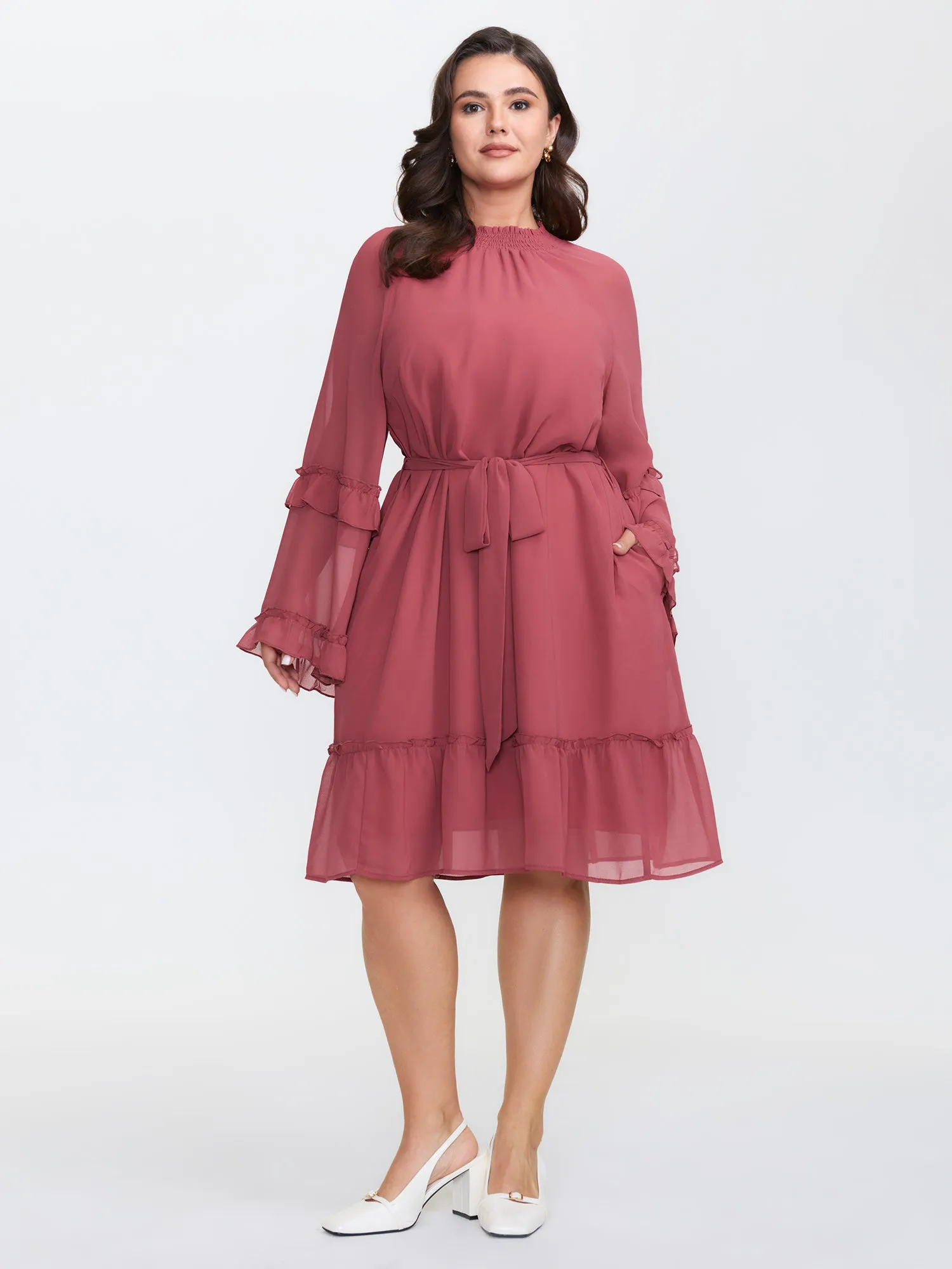 Sheer Ruffled Gathered Neck Belted Midi Dress sold by Bloomchic product image thumbnail 4