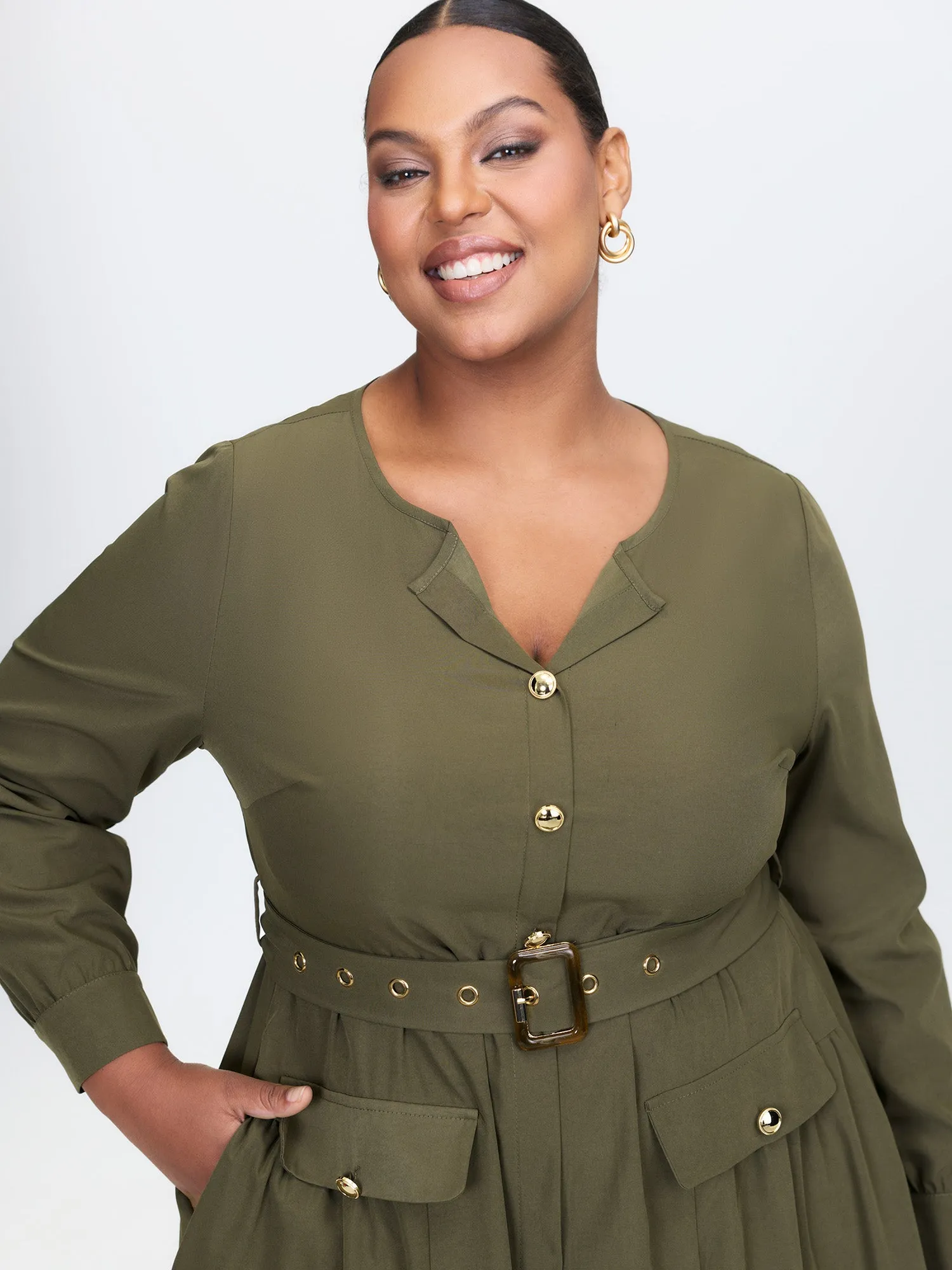 Belted Waist Buttons Pockets Midi Dress sold by Bloomchic product image thumbnail 2