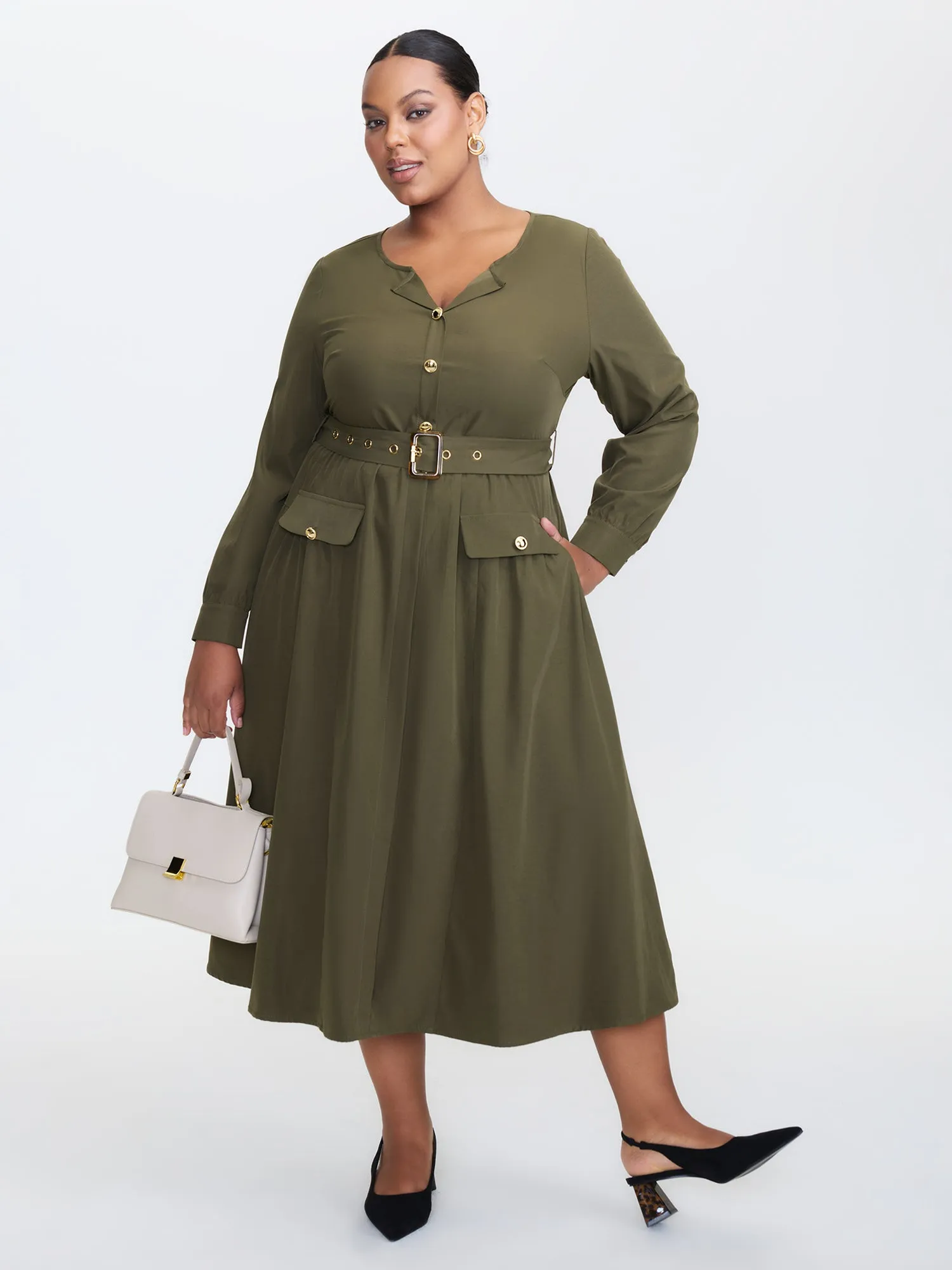 Belted Waist Buttons Pockets Midi Dress sold by Bloomchic product image thumbnail 3