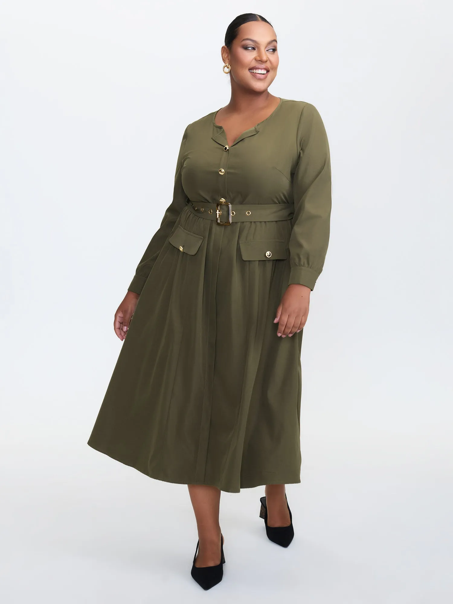 Belted Waist Buttons Pockets Midi Dress sold by Bloomchic