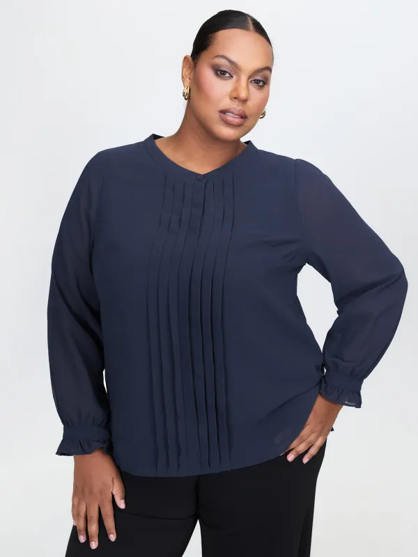 Chiffon Pleated Round Neck Blouse sold by Bloomchic