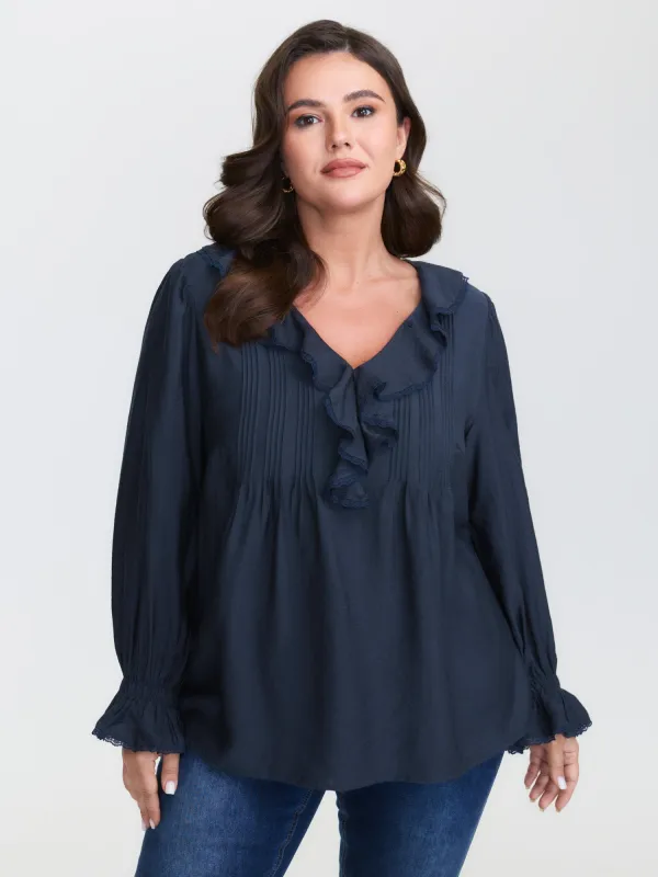 Ruffled Neckline Stretchy Cuffs Blouse sold by Bloomchic