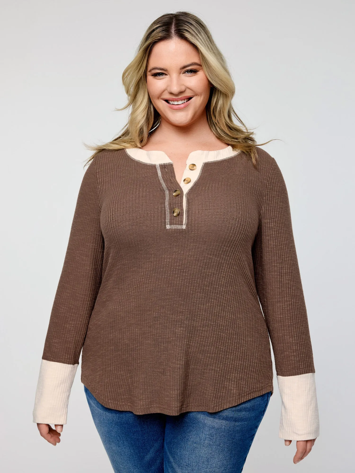 Ribbed Button Color Contrast T-Shirt sold by Bloomchic