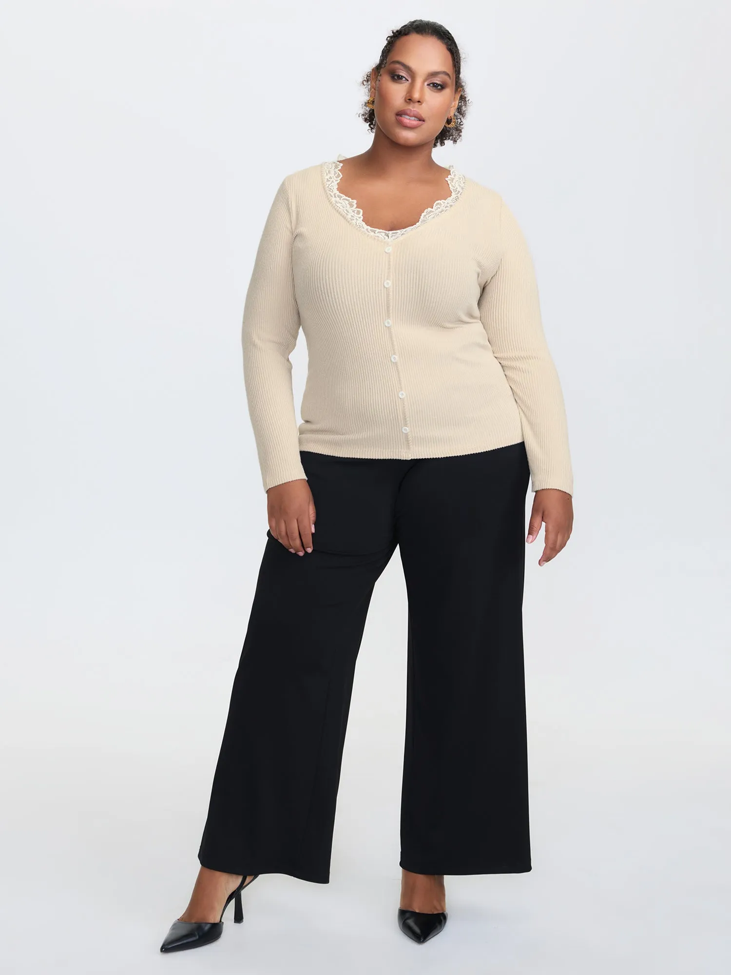 Floral Lace Neck Ribbed Knit Top sold by Bloomchic product image thumbnail 3