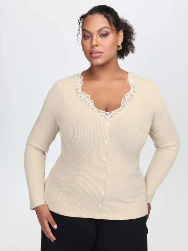 Floral Lace Neck Ribbed Knit Top sold by Bloomchic