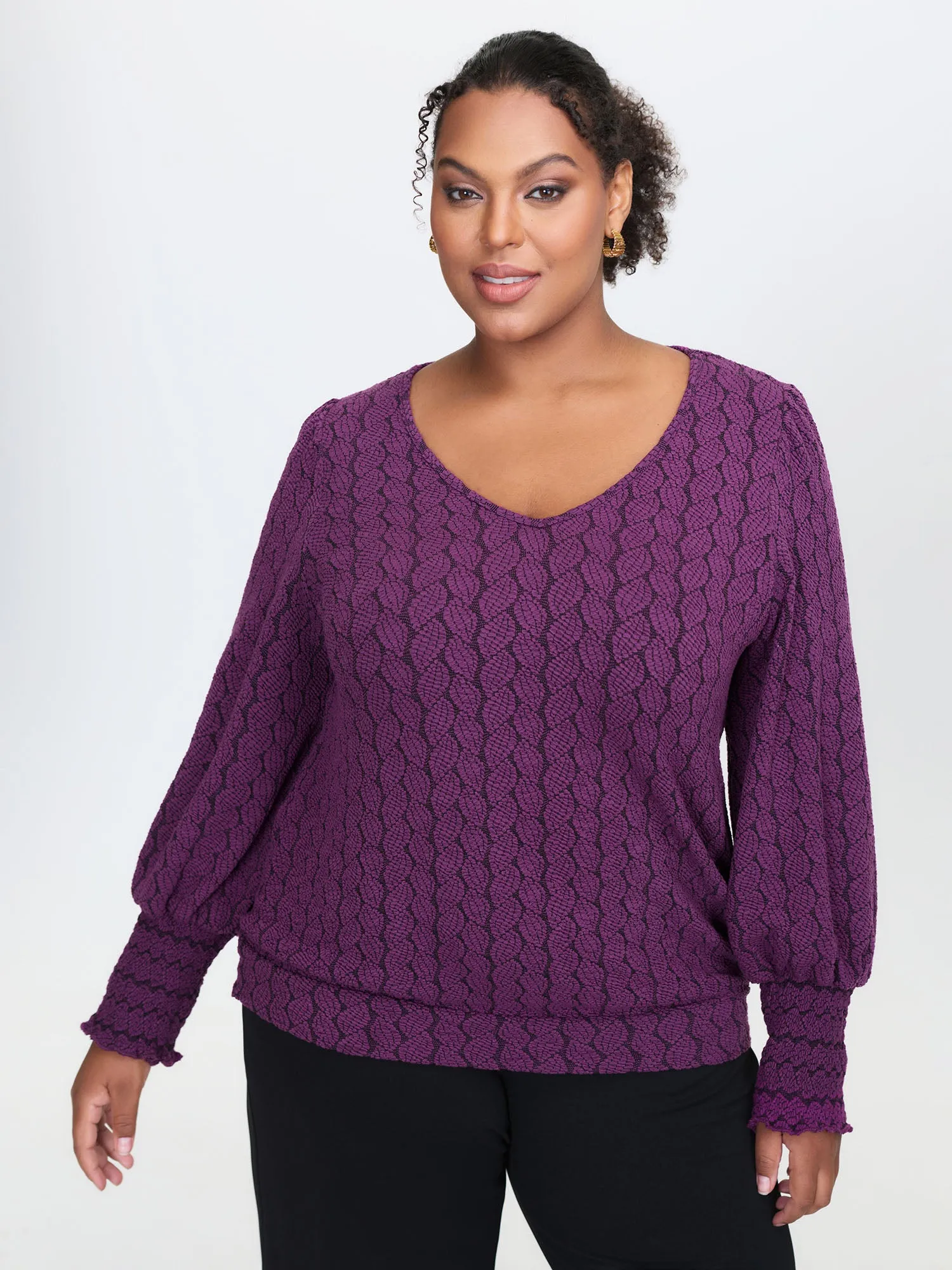 Cableknit Lantern Sleeve V-Neck Knit Top sold by Bloomchic