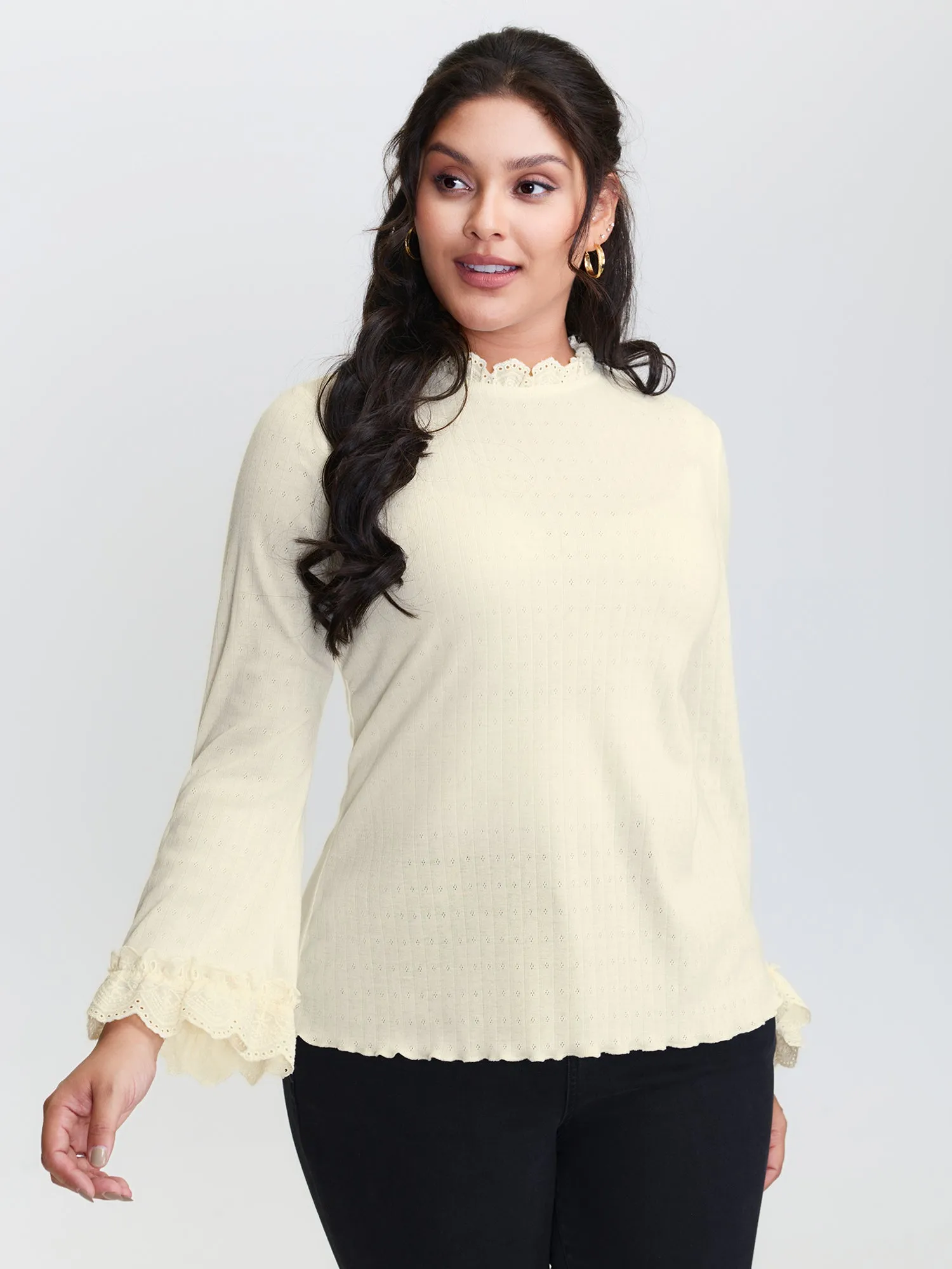 Sheer Lace Textured Ruffled Cuffs Knit Top sold by Bloomchic