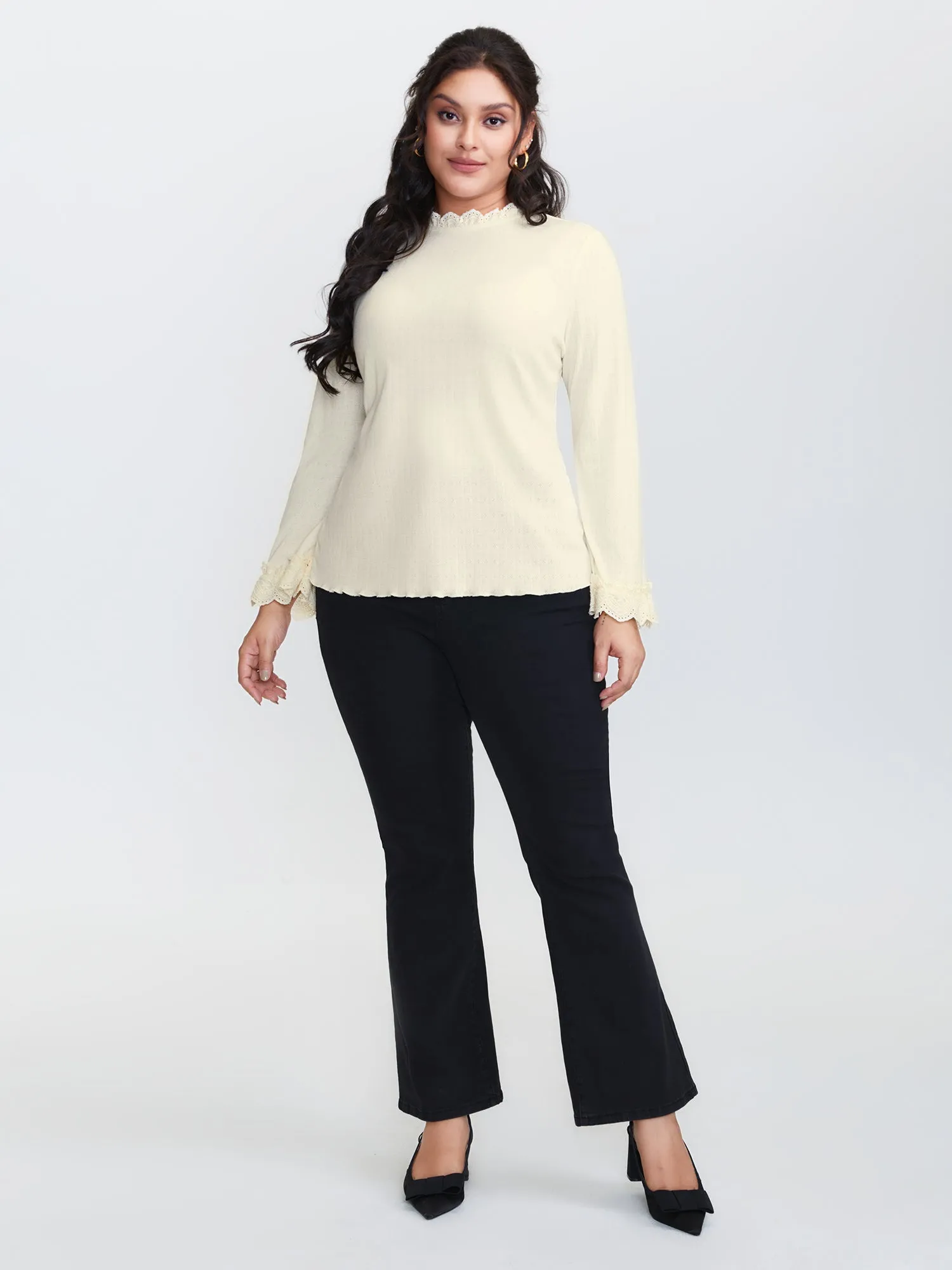 Sheer Lace Textured Ruffled Cuffs Knit Top sold by Bloomchic product image thumbnail 3