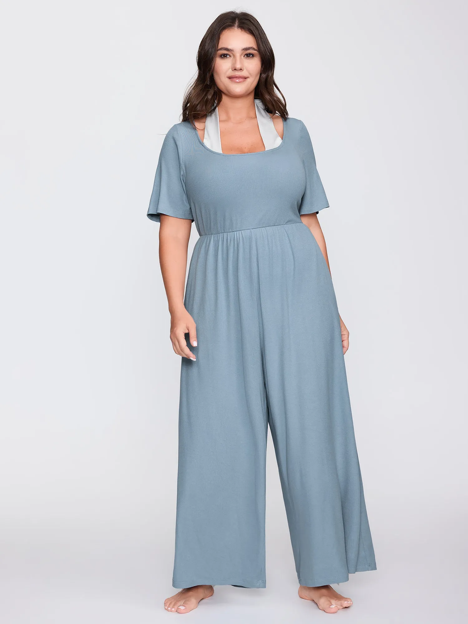 Stretchy Textured Color Contrast Lounge Jumpsuit sold by Bloomchic