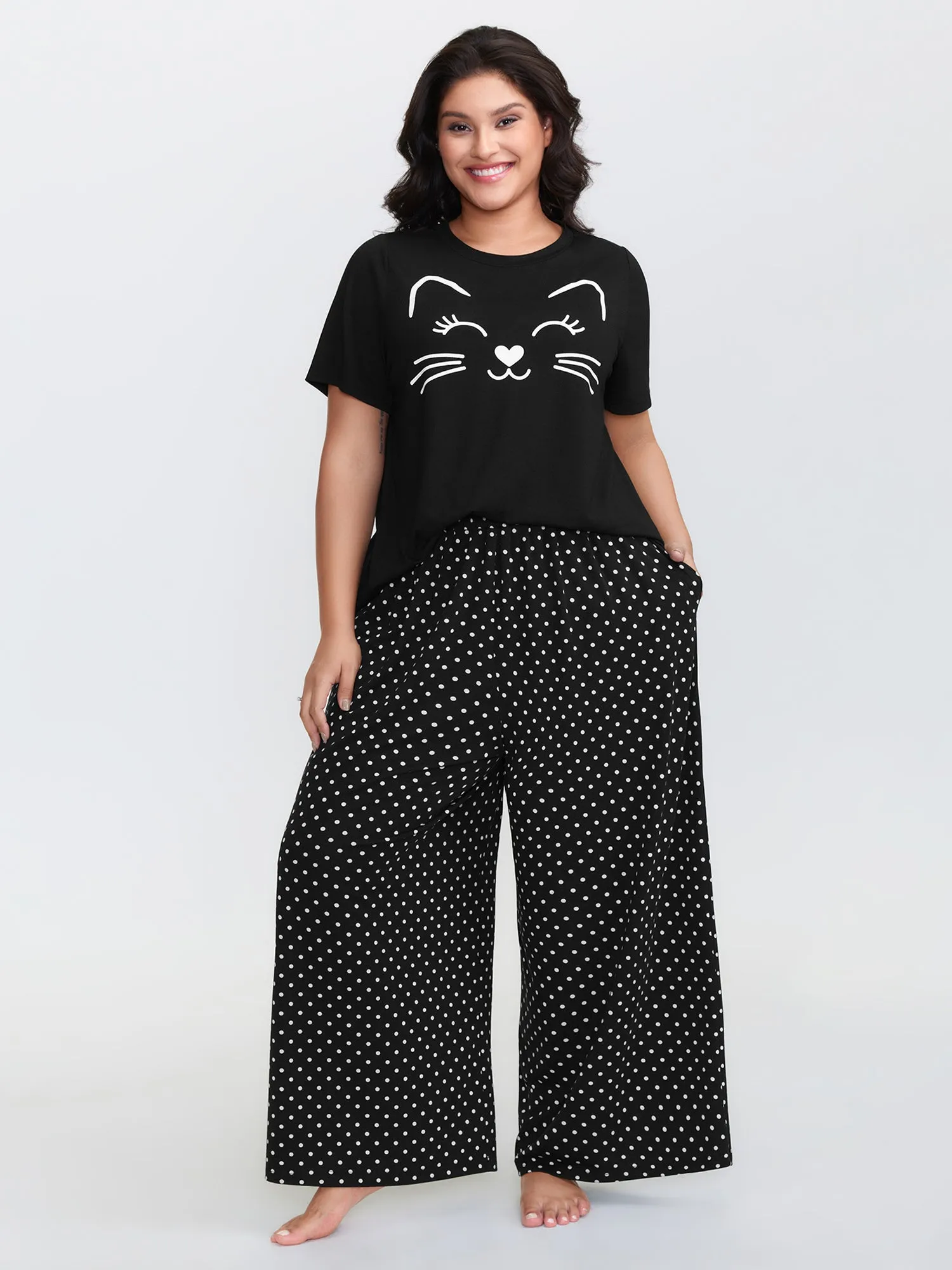 Cute Cat Polka Dots Print Sleepwear Set sold by Bloomchic