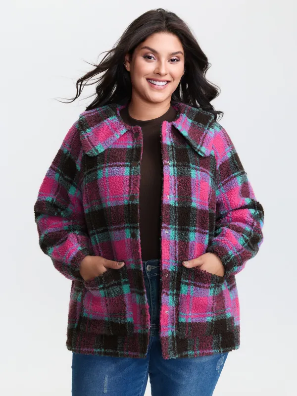 Fluffy Texture Plaid Button-Front Coat sold by Bloomchic