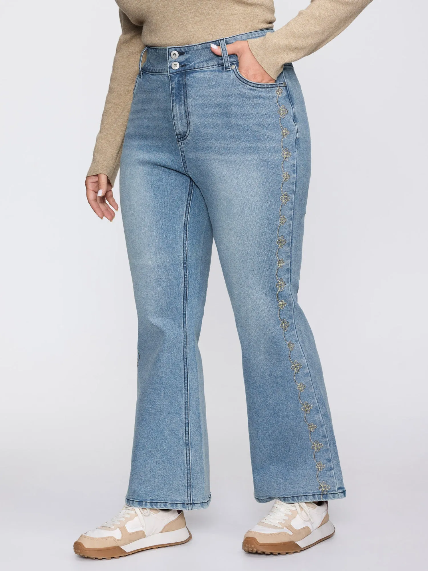 Supersoft Floral Embroidered Flared Hem Jeans sold by Bloomchic