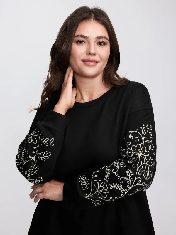 Floral Embroidered Sleeve Relaxed-Fit Sweatshirt sold by Bloomchic