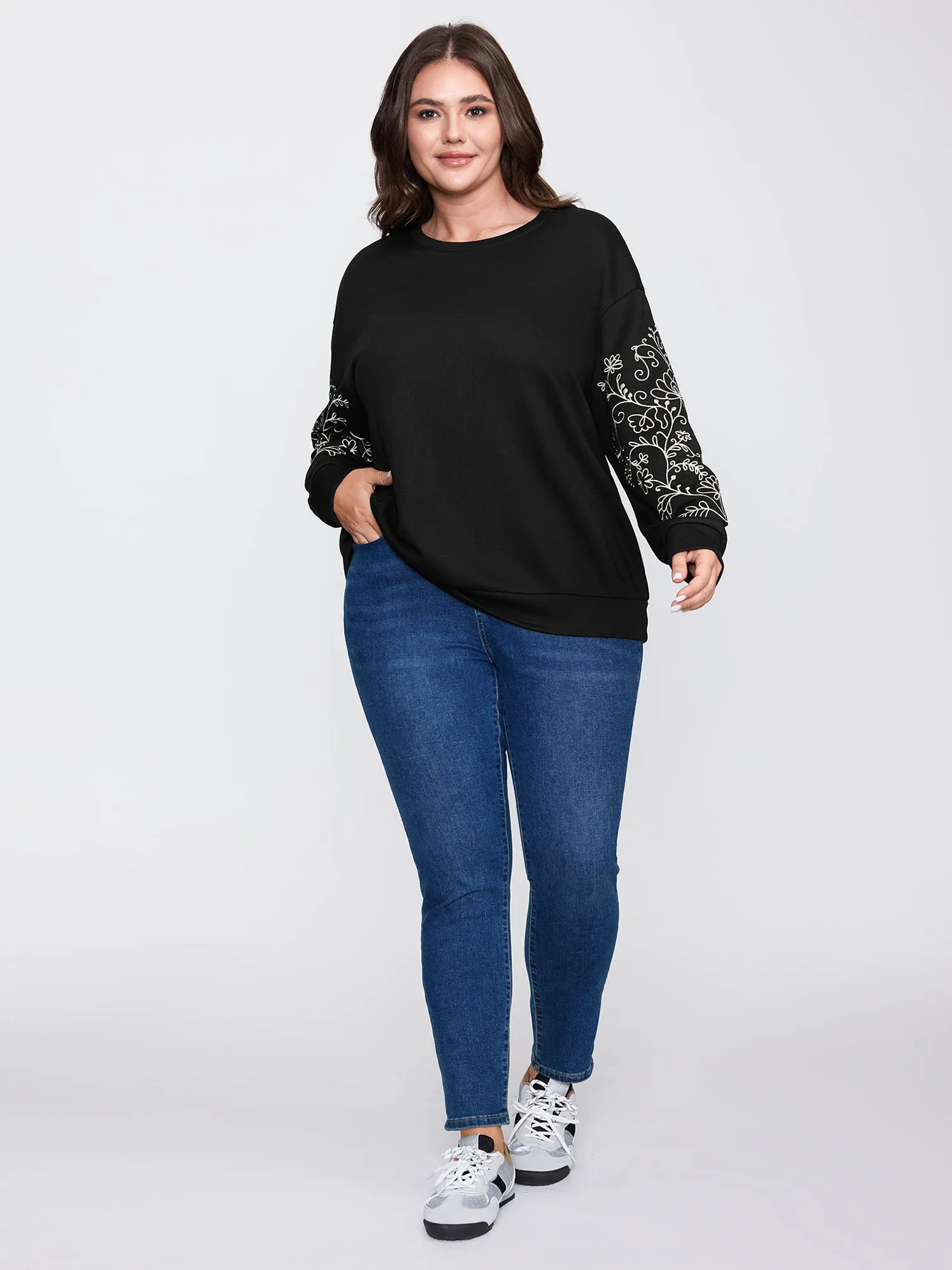 Floral Embroidered Sleeve Relaxed-Fit Sweatshirt sold by Bloomchic product image thumbnail 3