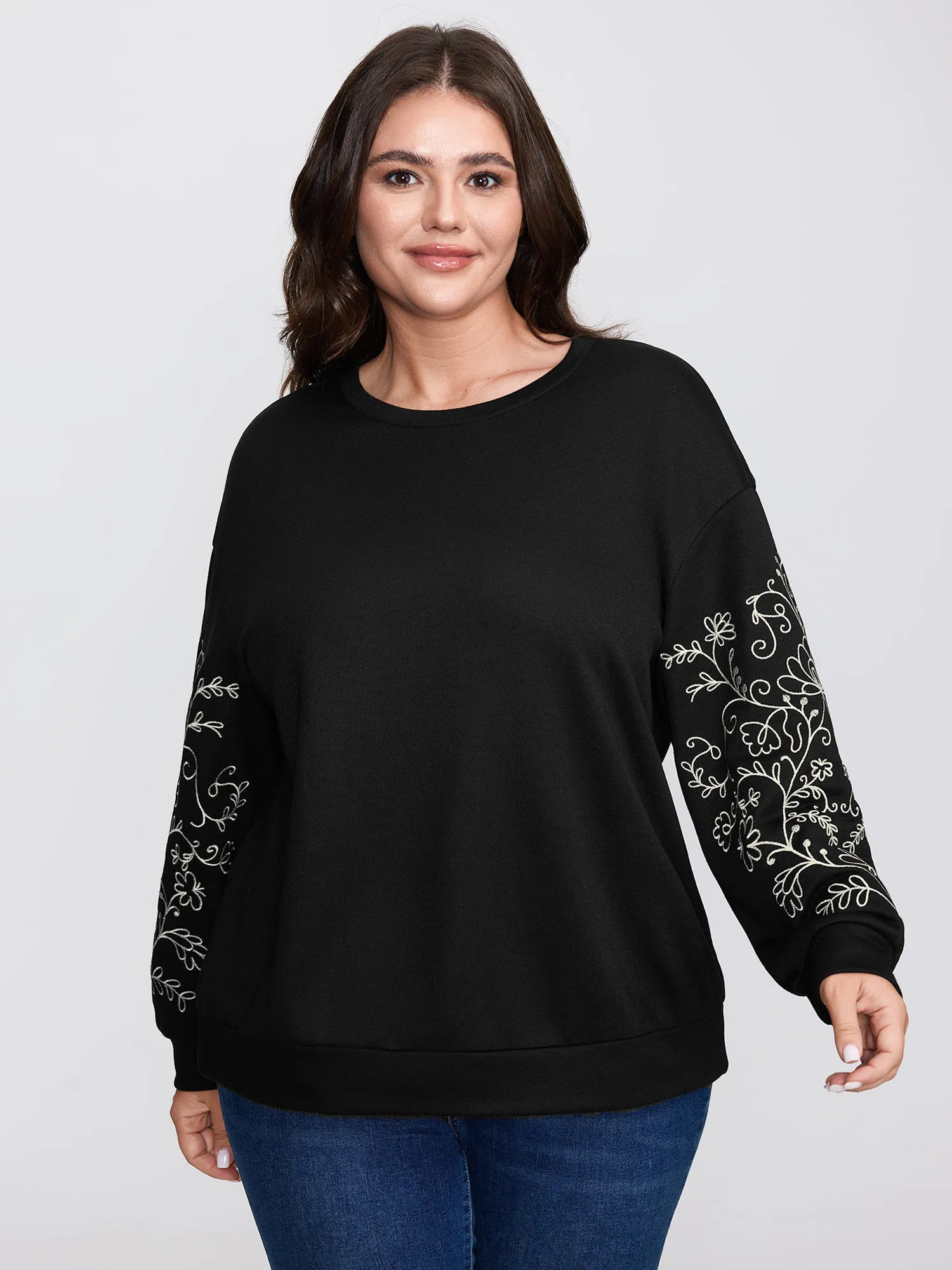 Floral Embroidered Sleeve Relaxed-Fit Sweatshirt sold by Bloomchic product image thumbnail 2
