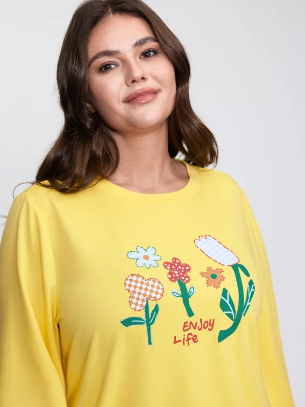 Floral Pattern Stretchy Hem Sweatshirt sold by Bloomchic