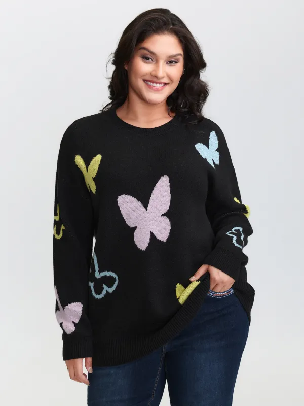 Butterfly Jacquard Pattern Round Neck Pullover sold by Bloomchic