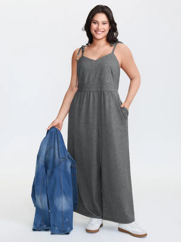 Shoulder-Tie Stretchy Beaded Neckline Jumpsuit sold by Bloomchic