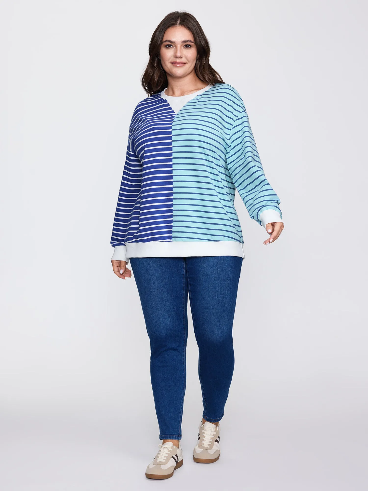 Color Contrast Stripe Print V-Neck Sweatshirt sold by Bloomchic product image thumbnail 3