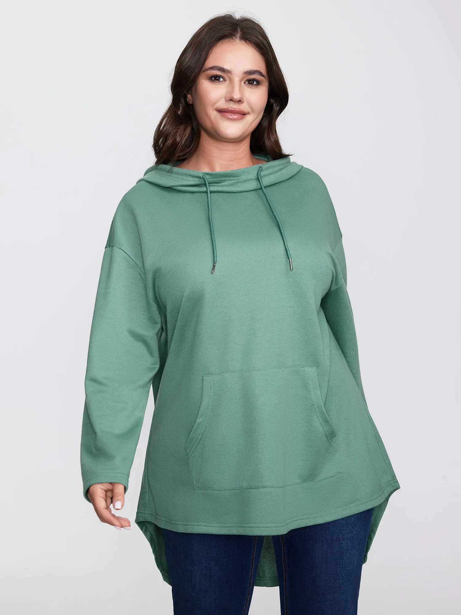 High Low Hem Drop Shoulder Solid Hoodie sold by Bloomchic