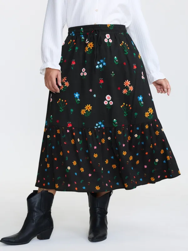 Colorful Floral Print Drawstring Midi Skirt sold by Bloomchic