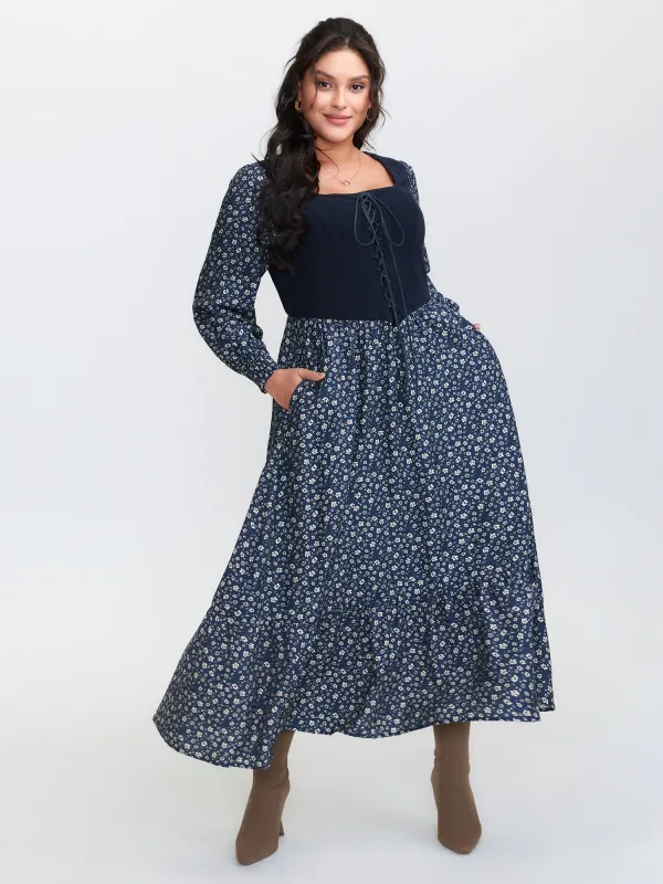 Corset Detail Shirred Floral Pockets Midi Dress sold by Bloomchic