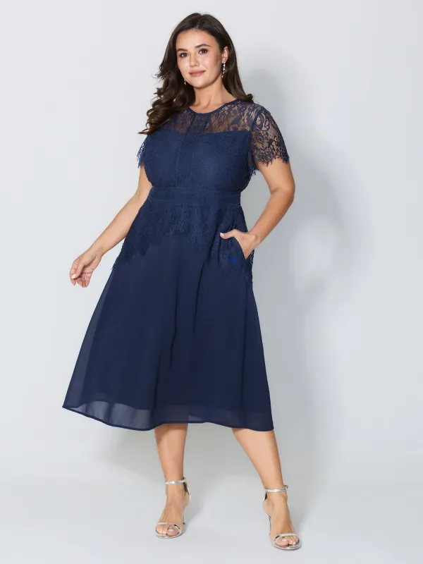 Sheer Lace Neckline Layered Pockets Midi Dress sold by Bloomchic