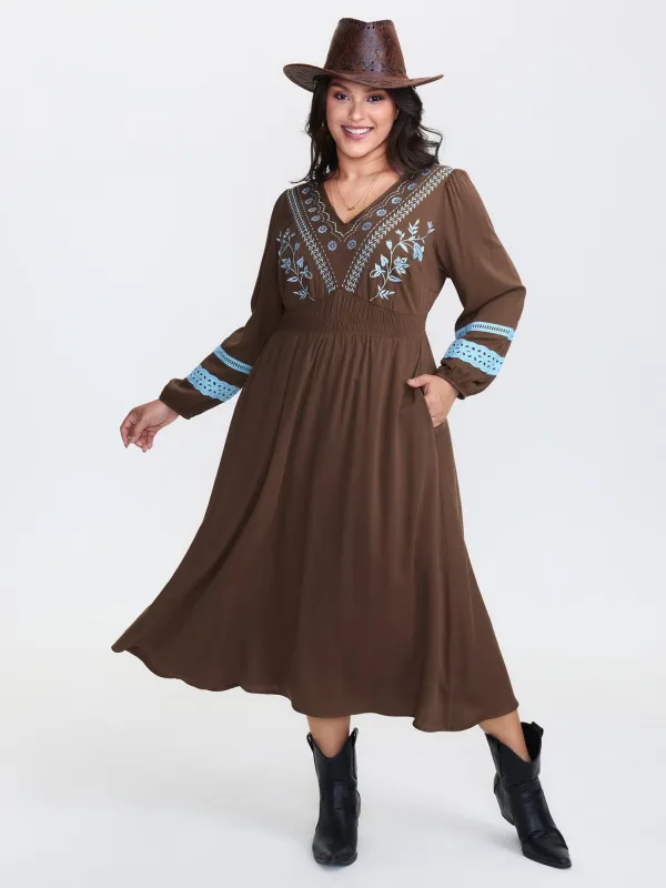 Boho Embroidered Neck-Tie Midi Dress sold by Bloomchic