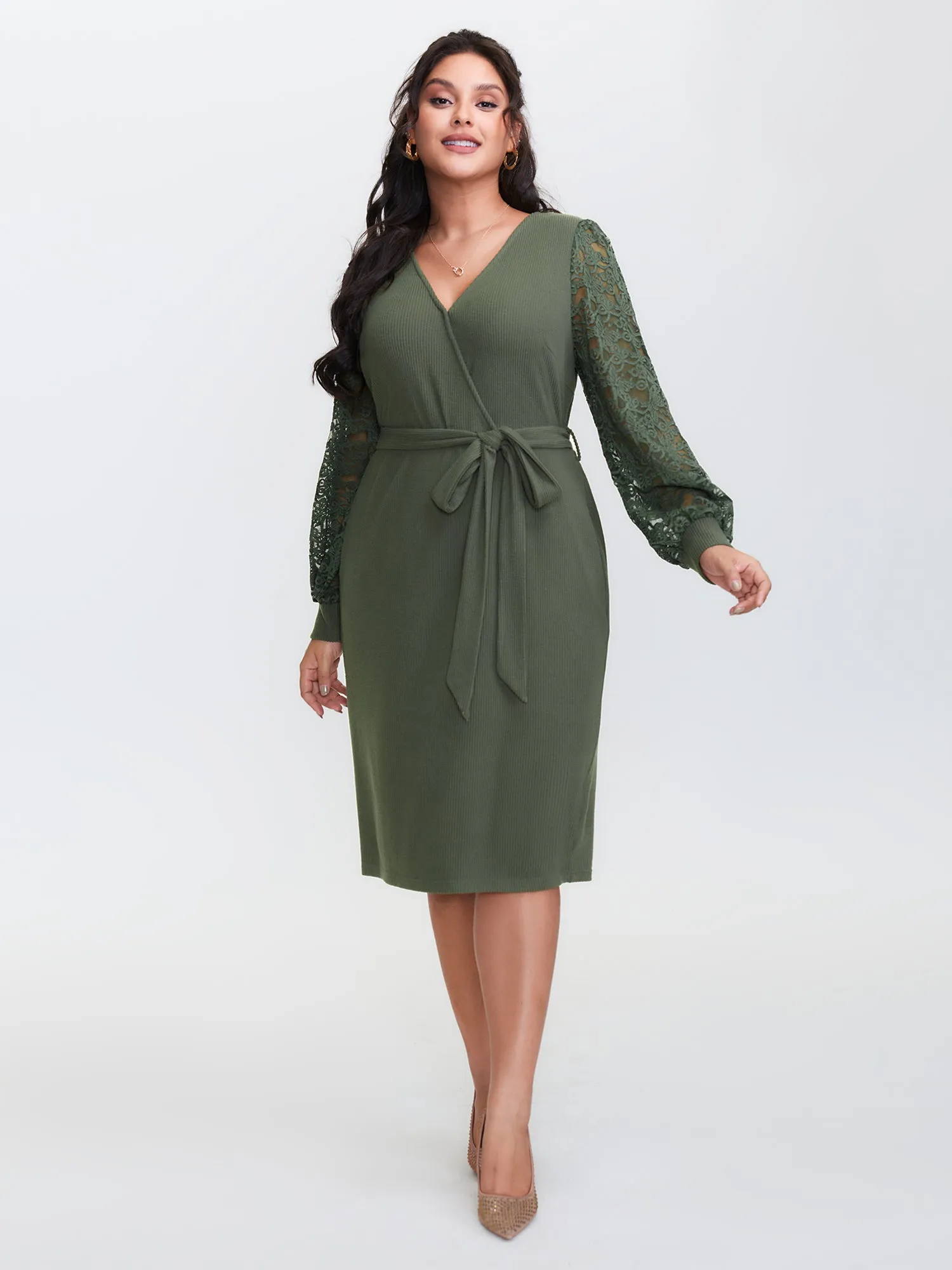 Sheer Lace Cozy Belted Waist Midi Dress sold by Bloomchic product image thumbnail 3