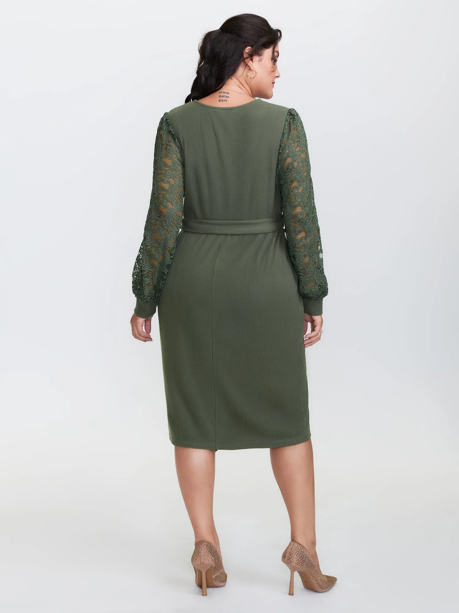 Sheer Lace Cozy Belted Waist Midi Dress sold by Bloomchic product image thumbnail 4